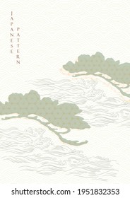 Chinese background with bonsai element vector. Hand draw wave pattern with natural banner in vintage style.