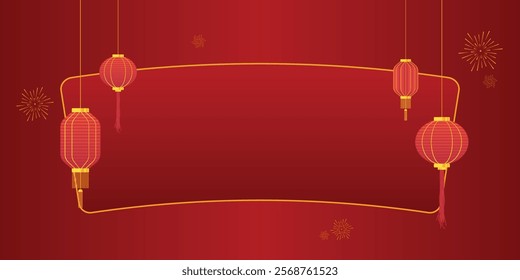 Chinese Background with Circle and Octagonal Red Lantern with Curve Rectangle and Firewok