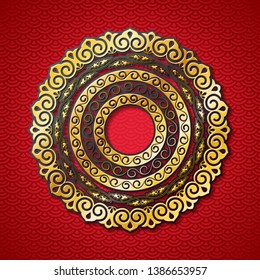 Chinese background with decorative vector ornament. Good for greeting cards, invitations, covers, posters design. Golden and red colors.