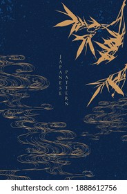 Chinese background with gold bamboo and hand drawn wave pattern vector. Oriental template design. 