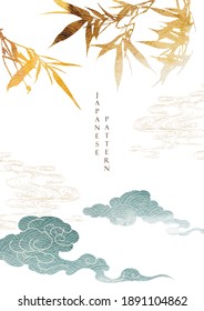 Chinese background with gold bamboo and hand drawn wave pattern and cloud elements vector. Watercolor texture in oriental template design. 