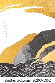 Chinese background with Gold and black texture vector. Hand draw ocean wave pattern in vintage style. Abstract landscape banner design.