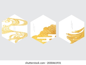 Chinese background with gold and  texture vector. Wave and cloud b design with Japanese hand draw line pattern in vintage style. Natural art decoration.