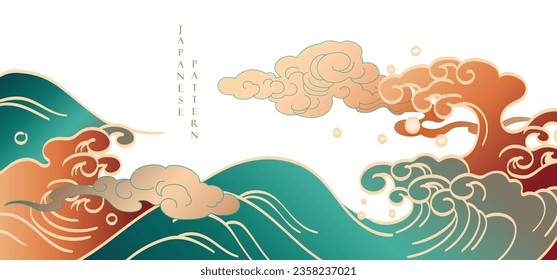 Chinesischer Hintergrund mit handgezeichneter Wellen- und Cloud-Element-Vektorgrafik. Orientales natürliches Muster mit Ozeandekoration Banner-Design im Vintage-Stil. Meeresvorlage 