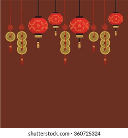 Chinese background with chinese lanterns and coins. Chinese New Year. Asia. Vector illustration