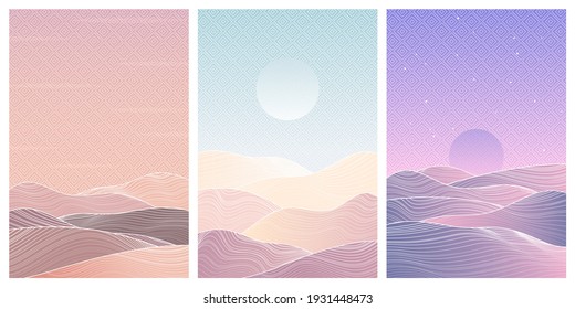 Chinese background with line pattern vector. Japanese background.  Mountain layout design in oriental style. Abstract template with geometric pattern. Minimalist oriental design.