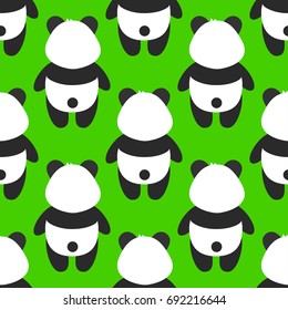 Chinese Background With Panda Back View. Green Seamless Pattern With Fat Animal. 