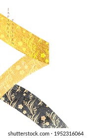 Chinese background with ribbon element vector. Hand draw wave and cherry blossom pattern with gold and black banner in vintage style.