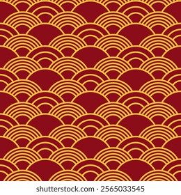 Chinese background seamless pattern design. Red and gold tone abstract wavy lines. Vector design for background, wallpaper, wrapping paper, carpet, textile, fabric, backdrop, woven.