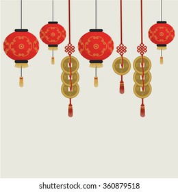 Chinese background. Chinese traditional lanterns and coins. Vector illustration