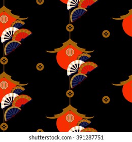 Chinese background vector design. Seamless pattern in Asian style. Golden and red fans and lantern on black background.