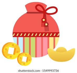 Chinese bag for luck vector, isolated fabric sac with traditional colors and ornaments. Oriental style of design. China elements and cookies with prediction, golden coins. Success and happiness signs
