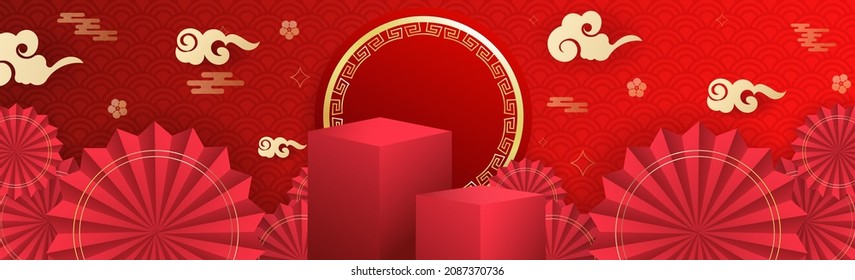 Chinesischer Banner mit asiatischen Elementen auf rotem Hintergrund für Online-Inhalte im neuen Jahr 2022 , 3D-Illustration Vektor EPS10