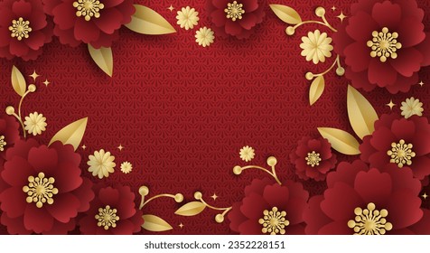 Chinese banner design with frame and flowers on red pattern background for your copy space. Vector illustration.