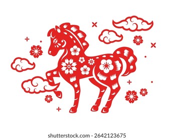 Chinese banner, Happy New Year 2026 poster. Red Horse logo silhouette icon, flower, asian clouds on white background. Vector illustration. Astrology China lunar calendar animal symbol. Place for text