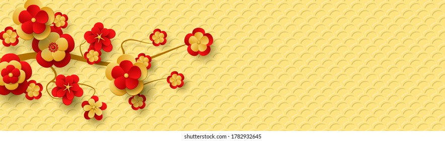 Chinese banner for New Year with a branch of the blossoming tree. Red and gold flowers and Lucky Symbol. Vector EPS10