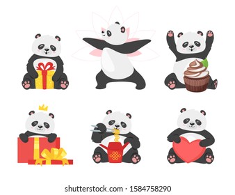 Chinese bear flat illustrations set. Cute panda with present boxes. New year oriental animals with gifts. Adorable asian mascots with food cartoon characters pack isolated on white background