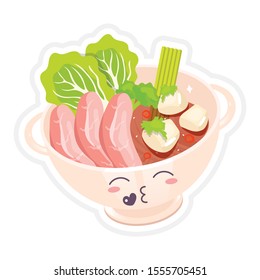 Chinese beef noodle soup cute kawaii vector character  Ramen bowl and kissing face  Asian traditional dish  Meat and vegetables  Funny emoji  emoticon  Isolated cartoon color illustration