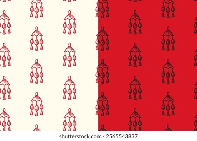 chinese bell pendant doodle seamless pattern on red  background set for packaging. retro chinese bells background. engraving chinese lucky bell wallpaper. pattern background with chinese bell hanger.