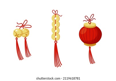 Chinese bells symbol lantern coins vector for decoration design. Cartoon isolated illustration. Simple graphic. Traditional art icon.