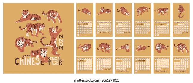 Chinese Bengal Tiger 2022 Calendar. Flat style in vector illustration. Week starts on Monday. Set of 12 pages of months and one cover page. Chinese new year symbol. Oriental Zodiac talisman.