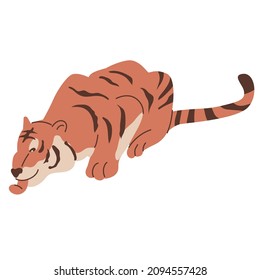 Chinese bengal tiger for new year decoration. Big cat is drinking water and smiling. Asian talisman, astrology, religion. Flat style in vector illustration. Isolated elements on white background. 