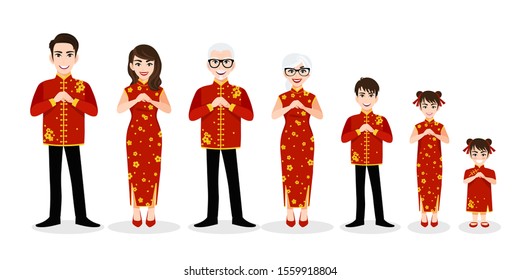 Chinese Big Family Cartoon Character Greeting In Chinese New Year Festival On White Background Vector