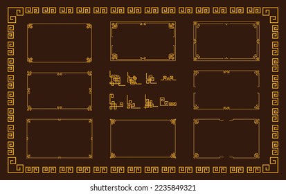 Chinese big frame in traditional style with background. Vector illustration of Asian vintage frame in gold color. For decoration of banners, holiday cards and Asian cultural products.