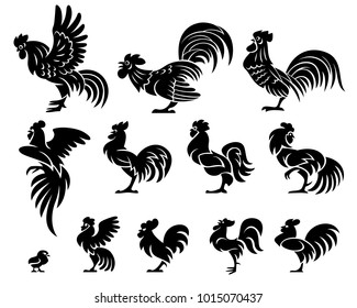Chinese black cock silhouette. It is on one leg. Vector illustration. Isolated on a white background.