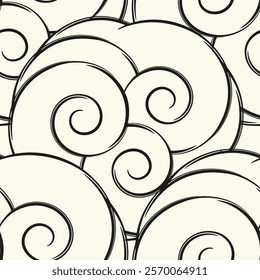 Chinese black seamless vector pattern in linear style. Seamless texture stylized clouds or waves drawn with thin lines.