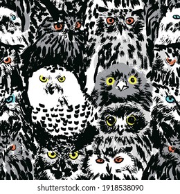 Chinese black and white ink graffiti OWL FREEHAND PAINTING MOSAIC background