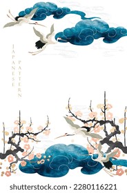 Chinese blue cloud decorations with crane birds in vintage style. Abstract art landscape with flower branch with hand drawn line elements