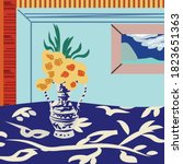 Chinese blue pattern vase with yellow flowers on blue natural pattern fabric.