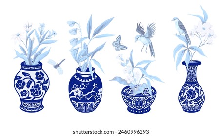 Chinese blue vases and flowers isolated. Vector