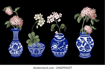 Chinese blue vases and flowers isolated. Vector