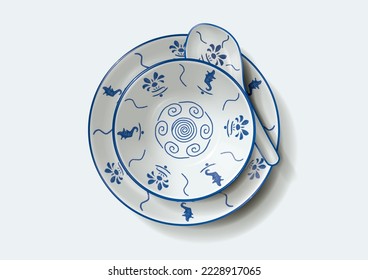 Tazón de porcelana china azul y blanca con dibujos realistas de placa y cuchara