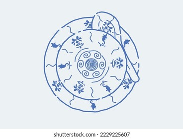 Chinese Blue and White Porcelain Bowl with Plate and Spoon Line Drawing Doodle