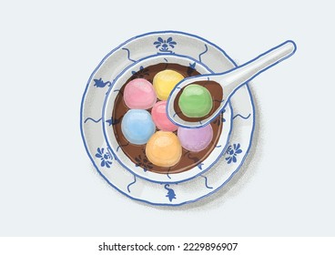 Chinesisch-Blaue und weiße Porzellanschüssel mit Tang Yuan Top-View-Flachbild-Illustration