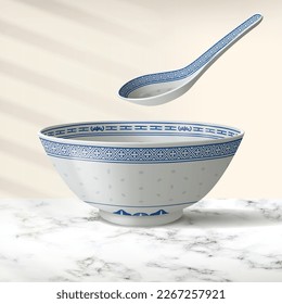 Tazón de porcelana azul y blanca china e ilusión realista de cuchara