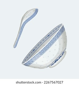 Chinese Blue and White Porcelain Bowl and Spoon Flat Illustration