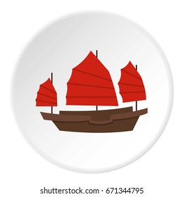 Chinese boat with red sails icon in flat circle isolated vector illustration for web
