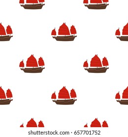 Chinese boat with red sails pattern seamless background in flat style repeat vector illustration
