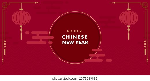 Chinese border banner template design with lantern, cloud. Red and gold Chinese design background