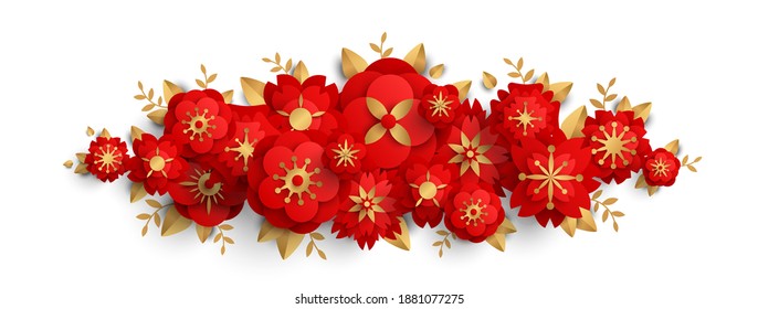 Chinese border with red paper cut flowers and gold leaves isolated on white background. Vector illustration. Floral design for posters, brochures or vouchers for New Year.
