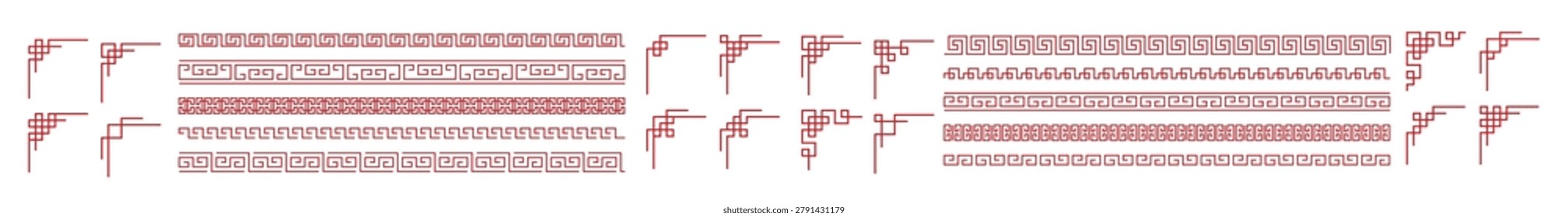 Chinese border set, Asian frame collection on isolated background, red vector corners with editable strokes, Chinese seamless pattern decorations