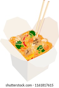 Chinese box for eating. Vector illustration. Isolated box with Chinese noodles