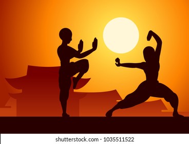 Chinese Boxing Kung Fu martial art famous sport,two boxer fight together around with Chinese temple,sunset silhouette design