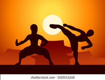 Chinese Boxing Kung Fu martial art famous sport,two boxer fight together around with Chinese temple,sunset silhouette design