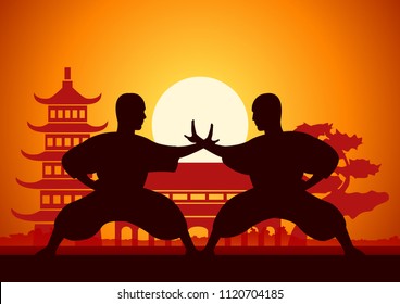 Chinese Boxing Kung Fu martial art famous sport,two boxer fight together around with Chinese temple,sunset silhouette design