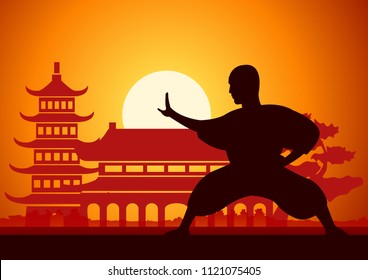 Chinese Boxing Kung Fu martial art famous sport,monk Train to fight,around with Chinese temple,sunset silhouette design